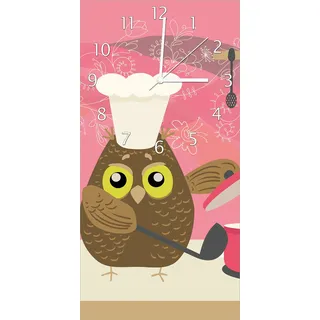 Wallario Design Wanduhr Lustige Eule beim Kochen mit Kochmütze aus Echtglas, Größe 30 x 60 cm - Rot
