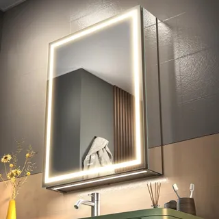 GANPE LED Beleuchtetes Badezimmer Medizin Spiegel Schrank, Defog, Stufenloses Dimmen, Speicher 3-Farben Modus, Speicher Regale, Steckdosen & USBs (Linkes Scharnier, 50 x 70 cm)