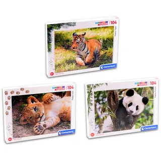 Clementoni Supercolor Puzzle - 3er Set 104 Teile - Puppy (Tiger, Löwe, Panda)