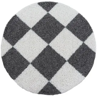 Hochflorteppich , Grau, Weiß , Textil , Karo , rund , für Fußbodenheizung geeignet, schmutzabweisend, für Hausstauballergiker geeignet, pflegeleicht , Teppiche und Böden, Teppiche, Runde Teppiche