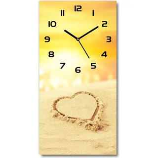 Wanduhr aus Glas – 30x60 cm - Glasbild - Glasuhr - Gehärtetes Glas -Herz am Strand - Orange