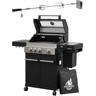 Feuergott Gasgrill Hektor 3B-S inkl. Drehspieß und Abdeckhaube mit 3 Brennern, Sear-Brenner, Gusseisen-Grillrost, Seitenkocher, Sichtfenster und Thermometer für Garten und Terrasse