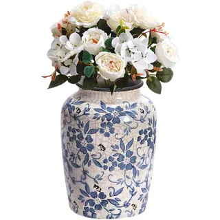 Blau und Weiß Porzellan Vase, Blumenvase Keramik Vintage, Kleine Vasen Deko Rustikal Handgefertigt Asiatische Vasen mit Antike Eisriss-Glasur für Heimdekoration 14,5 x 20 cm