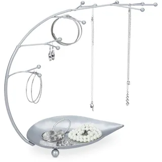 Relaxdays Schmuckständer mit Ablage, Schmuckbaum Ketten, Ohrringe, Armbänder, 12 Zweige, Metall Kettenständer, silber