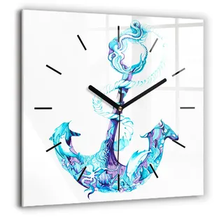 Wallfluent Große Wanduhr – Stilles Quarzuhrwerk - Uhr Dekoration Wohnzimmer Schlafzimmer Küche - Zifferblatt mit Striche - schwarze Zeiger - 60x60 cm - Anker im Meer - Blau