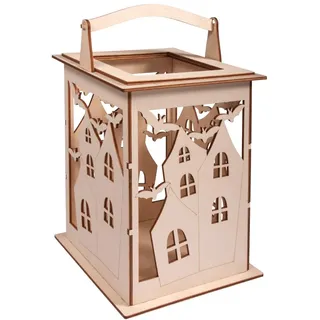 Rayher Holz Laterne Fledermaus, mit Griff, 15,3 x 15,3 x 26,5 cm, Holzbausatz, 15-tlg,Windlicht, für LED-Kerze, Lichterkette, Laterne Helloween, FSC Mix Credit, 62895505, Natur