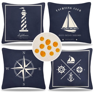 4er Set Kissenbezug Outdoor wasserdichte Kissenbezüge Moderne Sofakissen 40 x 40cm Frühlings Sommer Blau Maritime Kissenhülle Leinen Dekorative für Boote, Gastronomie, Innen und Außen