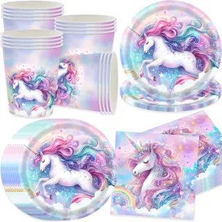 pekifaves Einhorn Partygeschirr Set für 16 Gäste, Unicorn Geburtstag Party Teller Servietten Tassen, Regenbogen Einhorn Pappteller Kindergeburtstag Set für Mädchen Geburtstagsdeko, Violett