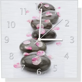 Wallario Design Wanduhr Dunkle Steine mit Blütenblättern aus Aluverbund, Größe 30 x 30 cm - Weiß