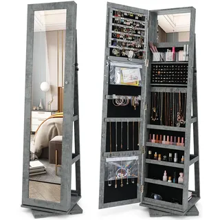 RELAX4LIFE 3-in-1 Schmuckschrank drehbar, mit Ganzkörperspiegel & eingebautem kleinen Spiegel, Spiegelschrank & Schmuckregal, Schrank für Schmuckaufbewahrung, abschließbar (Vintage Grau)