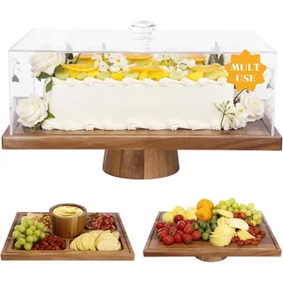 Krbnk Holz Kuchen Stand mit Deckel.2-in-1 rechteckige Dessert Tisch Display Set und Charcuterie Board mit Deckel für Käse, Obst, Gemüse, Donuts, Chips, Dips für bruchsichere Acrylabdeckung (43x33 cm)