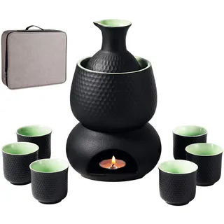 Sake-Set und Tassen mit Wärmer und Geschenkbox, traditionelles japanisches Porzellan für heiße Sake-Getränke, 9-teilig, inklusive 1 Herd, 1 Warmhalteschale, 1 Sake-Flasche, 6 Tassen