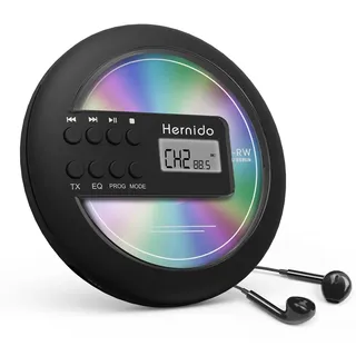Hernido Tragbarer CD-Player für Auto, kompakter CD Player mit FM-Transmitter, USB wiederaufladbarer Discman mit Kopfhörer, stoßfest/fortsetzende Wiedergabe Walkman