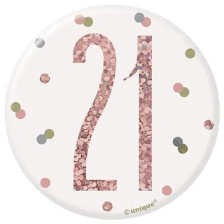 21. Geburtstags-Anstecker - 7,5 cm - Glitzer-Roségold-Geburtstag