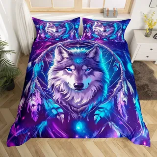 Homewish Wolf Bettwäsche Boho Traumfänger Bettbezug Set 135x200 für Jungen Mädchen Jugendliche,Fantasie Ombre Federn Luftschlangen Sternenhimmel Ästhetisch Wildtiere Bettwäscheset Modern Zimmerdekor