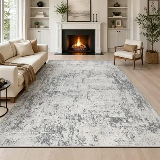 Capslpad Grau Abstrakt Teppich Wohnzimmer 160x230cm rutschfest Kurzflor Kunstwolle Schlafzimmer Teppich Waschbar Minimalistisch Bettvorleger Teppiche für Wohnzimmer Schlafzimmer Büro Bereich Dekor
