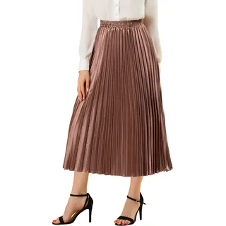 Allegra K Damen Maxi Faltenrock Hohe Taille Plisseerock A-Linie Elastisch Swing Eleganter Rock Kupfer XL
