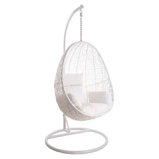 Hängesessel für Innen und Außen, Loungesessel aus Polyrattan mit Gestell und Kissen (weiß/weiß)