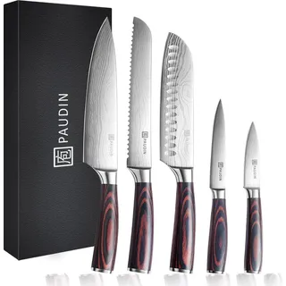 PAUDIN NS5 Messerset – 5-teilig | Japanische Messer | Kochmesser | Brotmesser | Santokumesser | Gemüsemesser | Edelstahl mit Damastmuster