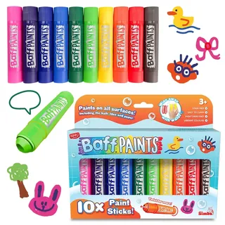 Simba Baff Paints Bademalstifte – 10 Farben zum Malen in der Badewanne, herausdrehbare Minen, abwaschbar, wasserlöslich, fördert Kreativität und Motorik, je 10g, ab 3 Jahre