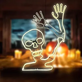 LED Universum - LED Fenstersilhouette neon weiß Skelett Bonesy mit Winkarm Effekt Fensterbild für Innen & Außen IP44 230V 54 x 25 cm Untoter Totenkopf schaurig schöne Halloween Gruseldeko
