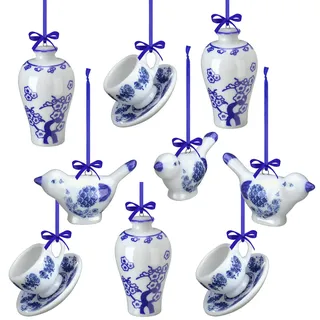 Funtery 9 Stück Blau und Weiß Porzellan Ornamente Chinoiserie Herbst Kürbis Dekor Hängende Anhänger Weihnachtsdekoration Keramik Weihnachtsbaum Ornamente für Weihnachten Herbst Dekoration (Lebendiger