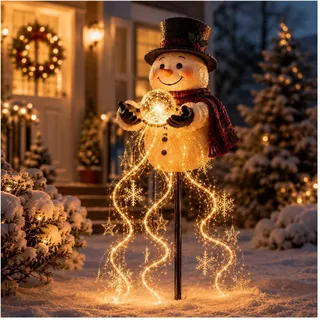 Schneemann Zauberbrunnen - Fließende Schneeflocke LED Weihnachten Garten | Schneemann Magischer Brunnen mit kaskadierenden Sternen, warmem Licht, Solarenergie und Gartenstecker für den Außenbereich