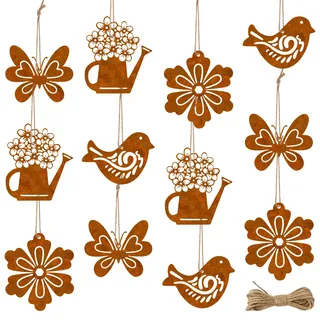 Frühlingsdeko Hängedeko, 12 Stück Gartendeko Rost, Metall Schmetterling Vogel Blumen Gießkanne deko Hängend, Ostern deko Rost draußen mit Seil,Hängedeko Set für Fenster,Outdoor,Garten