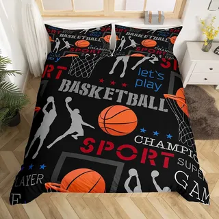 Basketball Bettwäsche, Sport, Bettwäsche, 140 x 200 cm, 3D-Ball Games, Bettbezug für Kinder, Jungen, Mädchen, Mikrofaser, Geschenk für Basketballspieler, Schwarz, Rot, Room Decor