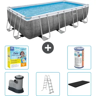 Bestway rechteckiges Power Steel-Schwimmbecken – Rattan-Druck – 549 x 274 x 122 – inklusive Pumpe – Leiter – Abdeckung Wartungspaket - Filter