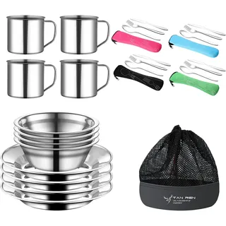 TAN REN Campingbesteck Set 4 Personen, 24 Teiliges Camping Geschirr Set Edelstahl, Picknick Camping Besteck Set, Outdoor Reisebesteck aus Edelstahl mit Messer, Gabel, Löffel für Reisen, Wandern