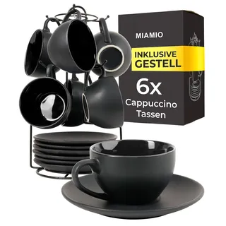 MIAMIO - 6 x 175 ml Tasse Cappuccino Tassen mit Unterteller & Ständer/Cappuccinotassen Set - Le Papillon Kollektion (Schwarz)