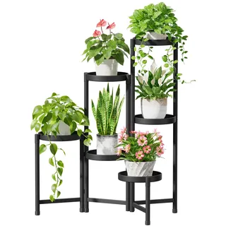 iDavosic.ly Pflanzenständer Metall mit 6 Etagen, Blumenständer Pflanzenregal Blumenregal Indoor Outdoor, Faltbar Blumentreppen Innen Plant Stand Shelf für Garten Balkon Wohnzimmer (Rund, Schwarz)