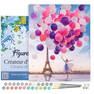 Figured'Art Malen Nach Zahlen Erwachsene Mit Rahmen Luftballons in Paris - Paint by Numbers Basteln DIY Bastelset 40x50cm Leinwand gespannt auf Holzrahmen