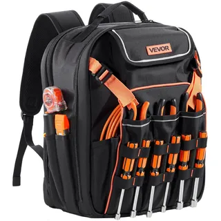 Vevor Werkzeugrucksack, 45 Taschen, Werkzeug-Aufbewahrungs-Organizer, Backpack mit Laptopfach und verstärktem Stoffboden, Werkzeugtasche, Baustellenrucksack für Elektriker, Handwerker