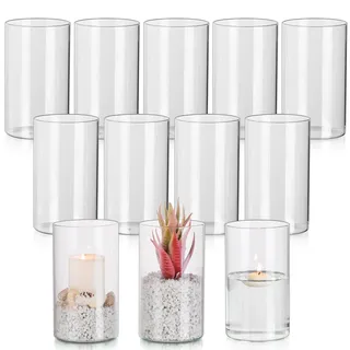 Glasseam Glaszylinder für Kerzen Windlicht Glas: 12er Set Kerzengläser Windlichter für Tischdeko Klar Kerzenglas Kerzenhalter Stumpenkerzen Vasen für Hochzeit Wohnzimmer Dekoration
