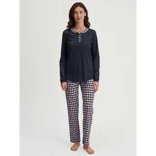 Schlafanzug CALIDA "Family & Friends", Damen, Gr. S (40/42), schwarz sapphire, Interlock, Obermaterial: 100% Baumwolle, bequem lang, Serafino, Homewear-Sets Schlafanzug, Knopfleiste, Pure Cotton, Langarm, Serafino-Ausschnitt, weich