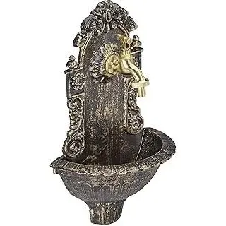 Wandbrunnen antik, mit Wasserhahn, nostalgisch, Waschbecken Garten, Aluguss, HBT 40 x 24,5 x 13 cm, schwarz