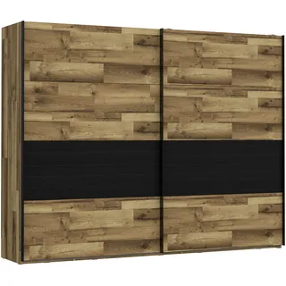 FORTE JAKOBINA Schrank 270, Kleiderschrank, Schwebetürenschrank groß Industrial Schlafzimmer 2-türig, Dunkel Holzdekor: Stabeiche / Schwarz Eiche, 270 cm breit x 210.5 cm hoch x 61 cm tief