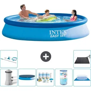 Rundes Schwimmbecken aus PVC - 366 x 76 cm - Blau - Komplett mit Pumpe, Abdeckung, Reinigungssatz, Filter, Bodenabdeckung und Sonnenschutzmatte - Blau