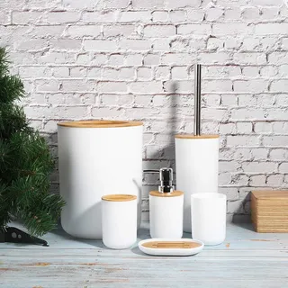 Wacets 6-teiliges Badezimmer-Zubehör-Set, Seifenspender, Seifenschale, Zahnbürstenhalter, Spülbecher, Toilettenbürstenhalter, Abfalleimer, aus PP und Bambus (Weiß)