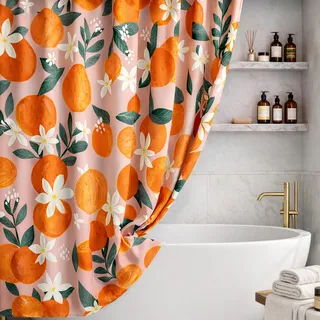 LIBERHAUS GHMO Duschvorhang-Set mit 12 Haken, Pfirsichfarben, Tropische Früchte, Orange, Aprikose, Blume, Blätter, wasserdichtes Polyestergewebe