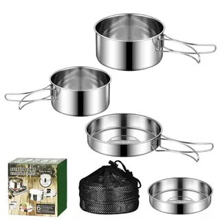 4-teiliges Outdoor-Camping-Topf-Set mit faltbaren Griffen, Edelstahl-Kochgeschirr für tragbares Kochen, Kochen und Braten in der Natur