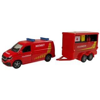 Kids Globe VW Transporter Feuerwehr mit Anhänger DE Die Cast Pull Back 27,5cm, Spielzeug für Kinder, 520321, Rot
