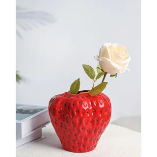 DN DECONATION Erdbeer Vase Deko Rot Keramik Blumenvase Strawberry Decor Modern Erdbeervase Tischdeko Aesthetic Vase für Pampasgras Wohnzimmer Heimdekoration