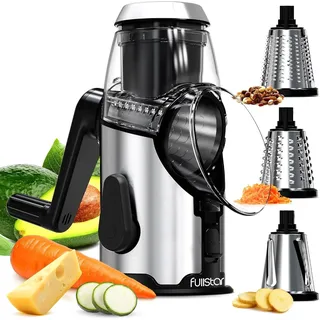 Rotary Käsereibe mit Kurbel - Schnelles und Einfaches Schneiden Edelstahl Gemüsehobel mit 3 austauschbare Trommelklingen - Rutschfeste Basis - Küchenreibe für Gemüse Käse Nüsse Karotten Kartoffeln