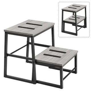 LIANTRAL 2 in 1 Tritthocker für Erwachsene Kinder, 2 Stufen hölzerner Hocker mit 160 kg Tragkraft, Metallrahmen, Hochbett Fußhocker, Rutschfester Tritthocker für Küche, Büro, RV - Grau & Schwarz