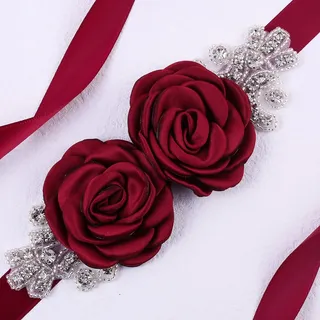 SYSUII Kristall Strass Damen Gürtel Hochzeit Satin Schärpe Brautgürtel 270cm Braut Gürtel Rose Blume Hochzeit Party Brautjungfer Kleid Gürtel Taillengürtel Hüftgurt Hochzeitskleid Kleid Zubehör-Rot