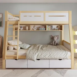 Etagenbett, Kinderbett, Drei Schubladen mit Rollen, 2m Bilderbuchständer, Sichere vierseitige Umzäunung und Trittleiter,Weiß+Natur, 90x200cm&120x200cm - Weiß