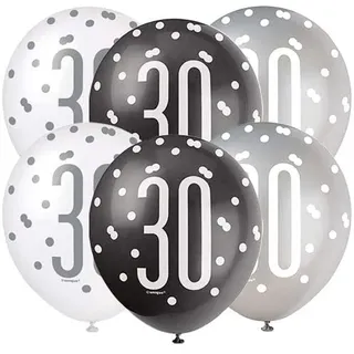 Latex-Luftballons zum 30. Geburtstag - 30 cm - Glitzer Schwarz & Silber Geburtstag - 6er-Packung